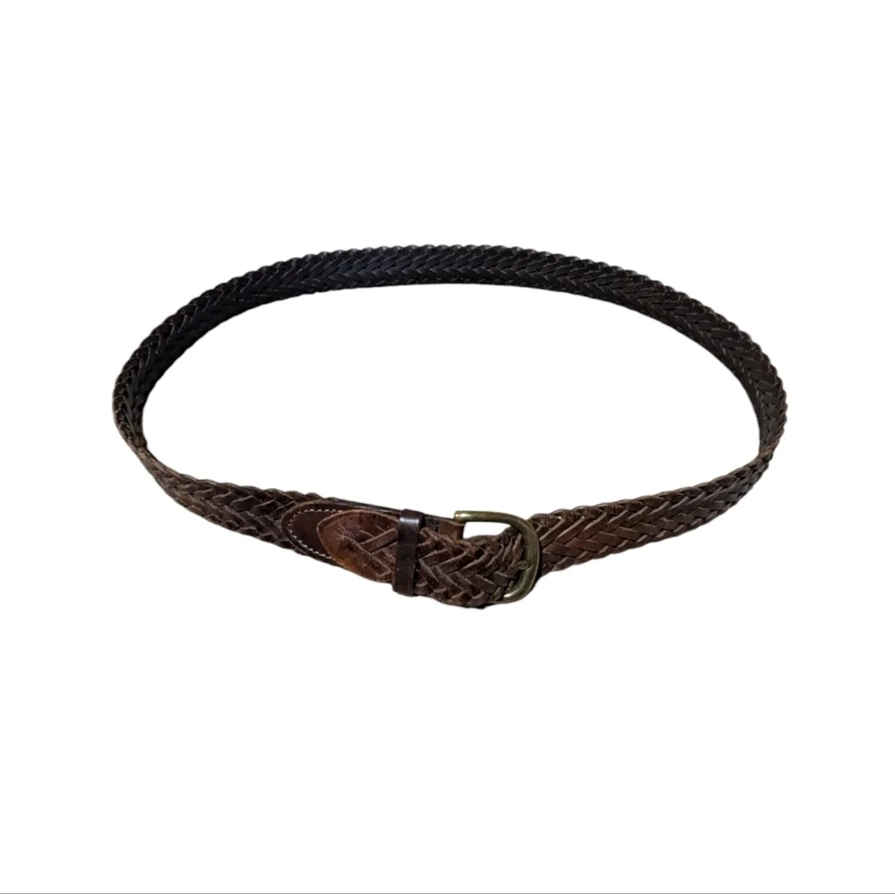Brown Leather Gold Brass Hardware Braided Belt 34